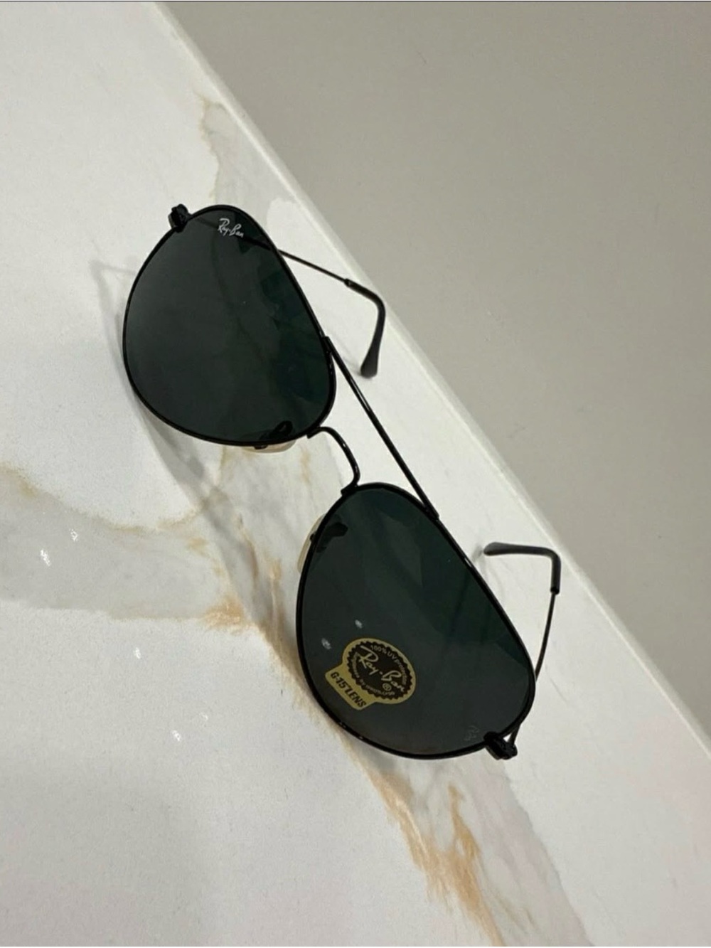 Ray-Ban Black Aviator Sunglasses with Dark Green Lenses